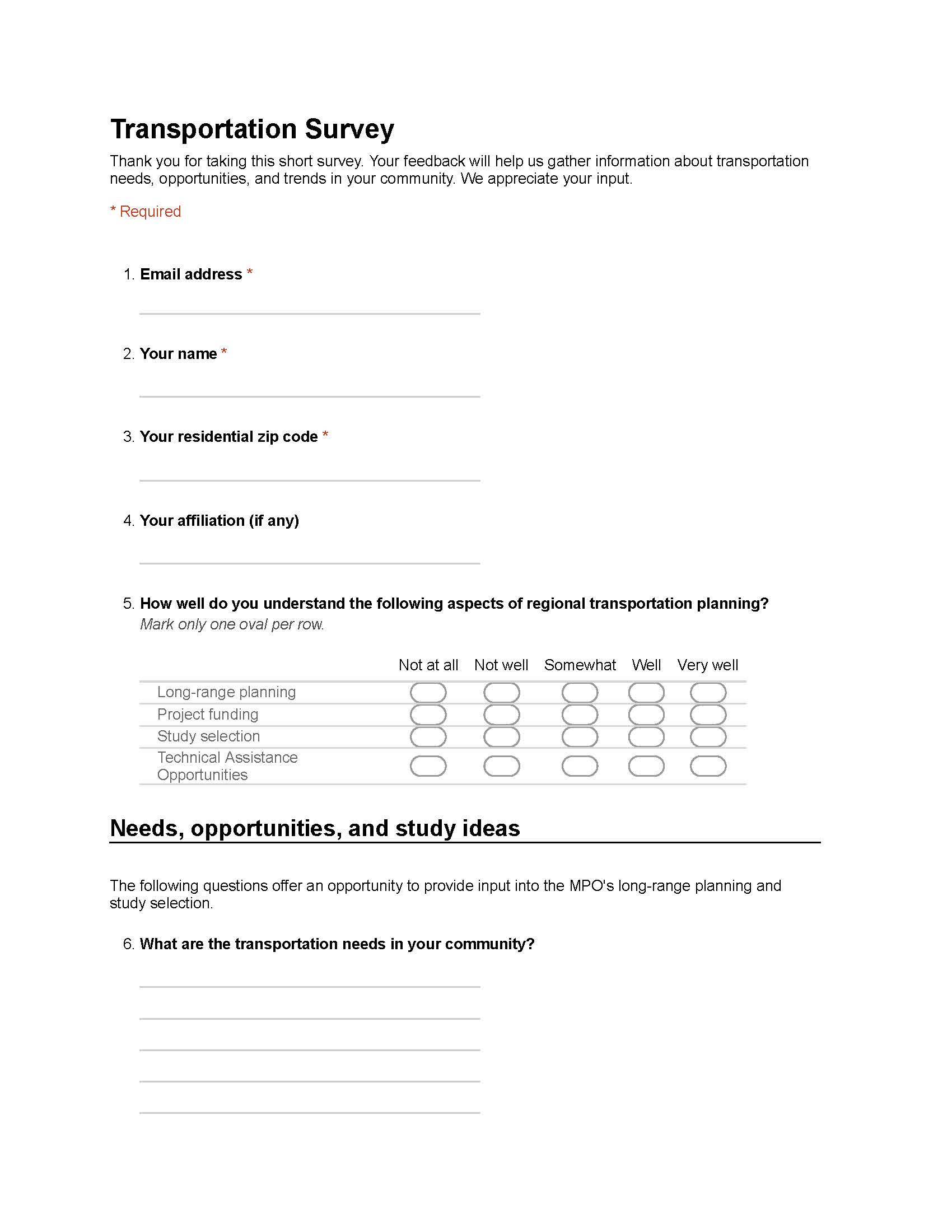 Page 1 of 3This figure shows the survey used to get public input during phase one of Coordinated Plan public outreach.